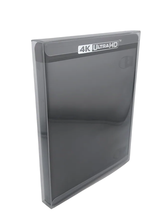 Clear protector fitted around an upright 4K Ultra HD case.